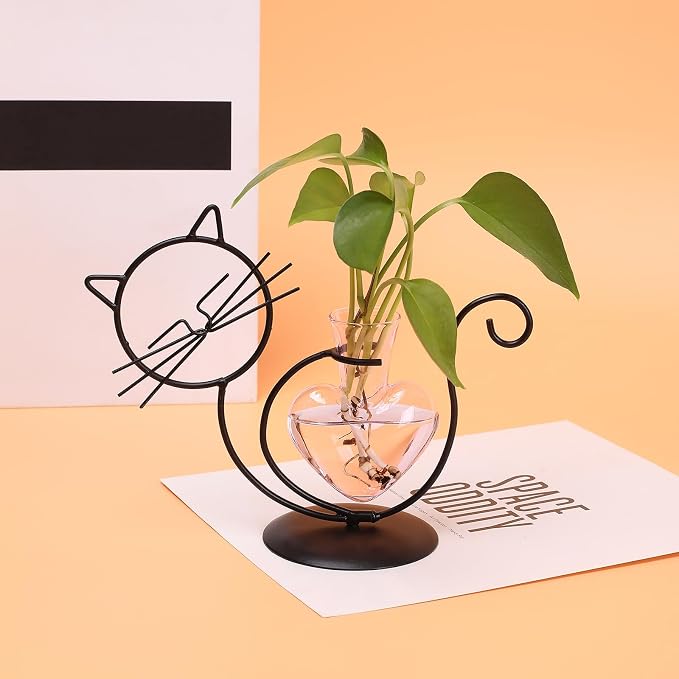 Plant Terrarium Plant Propagation Station Cat Lover Gifts for Women | Plant Lovers Home Office Decor Cat Desk Accessories