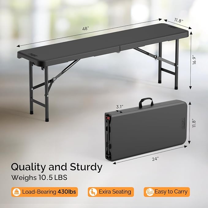 VINGLI 4 feet Plastic Folding Bench,Portable in/Outdoor Picnic Party Camping Dining Seat, Garden Soccer Multipurpose Entertaining Activities, Smooth HDPE Tabletop (1, Black, 4ft)