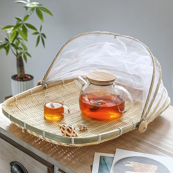 Mwellewm Food Bamboo Food Serving Tent Basket Hand-Woven Basket Serving Dustproof Picnic Basket Vegetable Fruits Bread Home Square Storage Basket with Mesh Gauze Cover Container