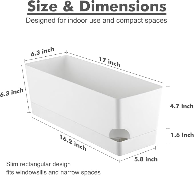 Party Zealot Window Boxes Planters, 3 Pack Self Watering Pots for Indoor Plants 17 Inch Rectangular Planter Rectangle Flower Pots Long Plant Pot Large Window Sill Herb Planter Box, White