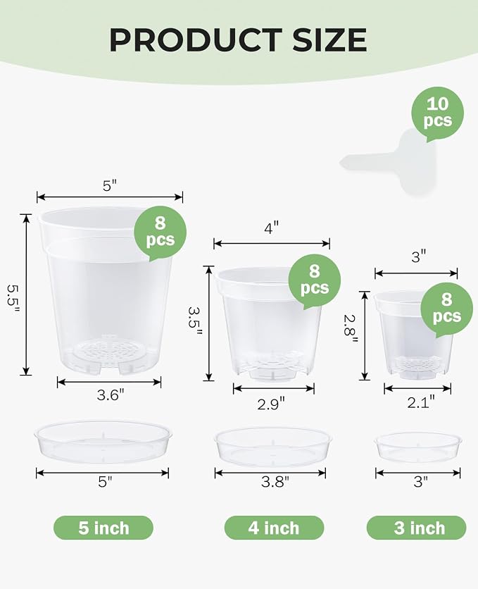 homenote 3/4/5 Inch Clear Nursery Pots 24 Pack with Drainage and Plant Saucers, Variety Pack Rigid High-Transparency Plastic Nursery Pots for Plants, Planter Nursery Pots with Upgraded Drainage Holes