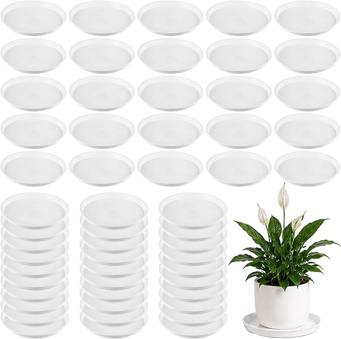 50 Packs 10 Inch Plastic Plant Saucers for Indoor Outdoor, Plant Water Catcher Tray for Pots, Bulk Flower Pot Saucers, Drip Trays for Potted Plants, Round Plates to Catch Water, White