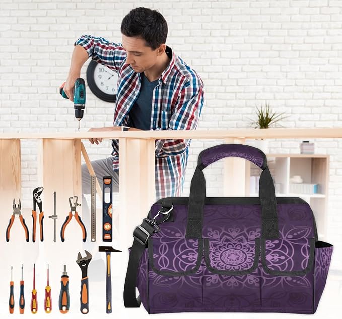 Purple marble pattern Tool Bag – Heavy-Duty Multi-Pocket 14+ Pockets (6 Inner + 6 Outer + 2 Side), Removable Shoulder Strap, for Construction, Gardening, Camping, Travel – 14.8 x 9.1 x 10 Inches