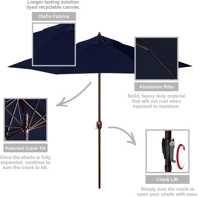 California Umbrella 9' Round Aluminum Outdoor Deck, Pool or Patio Umbrella, Crank Lift, Auto Tilt, Bronze Pole, Navy Blue Olefin