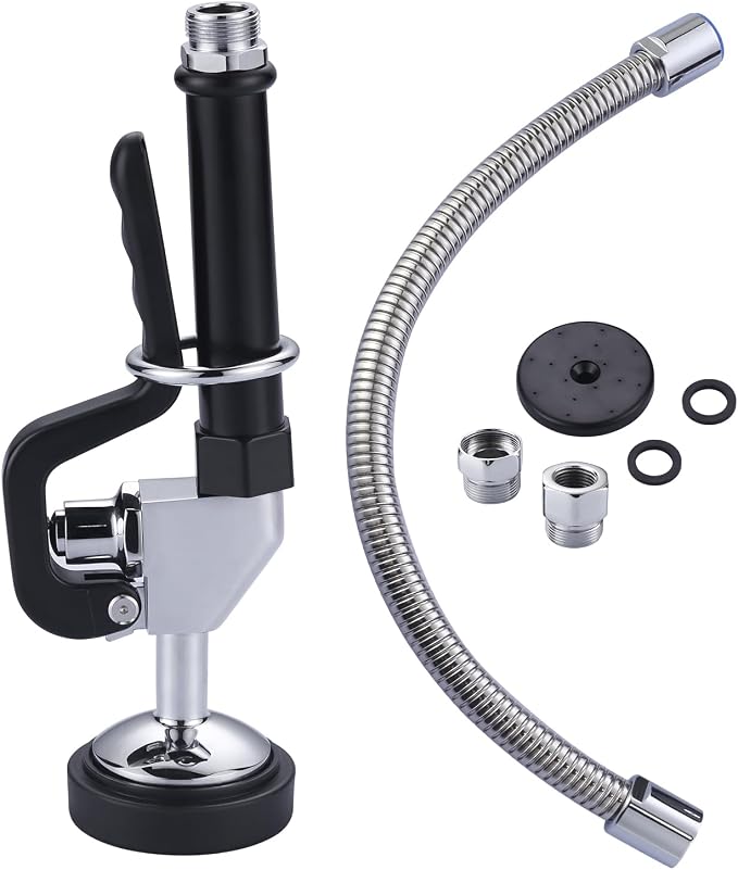 Pre Rinse Spray Valve with 18.5" Flexible Stainless Steel Hose, 1.42 GPM High Pressure Commercial Sink Sprayer Nozzle with Pre-rinse Sprayer Hose, Black 7/8"-20UNEF Handle Assembly