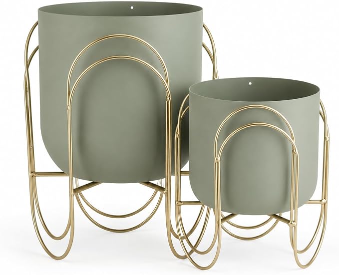 JHY DESIGN Set of 2 Planters with Stand Indoor Outdoor Metal Plant Stand 11.5/8" H Modern Planters Flower Pots for Living Room Corner Kitchen Office Garden Balcony Patio Decor(Green)