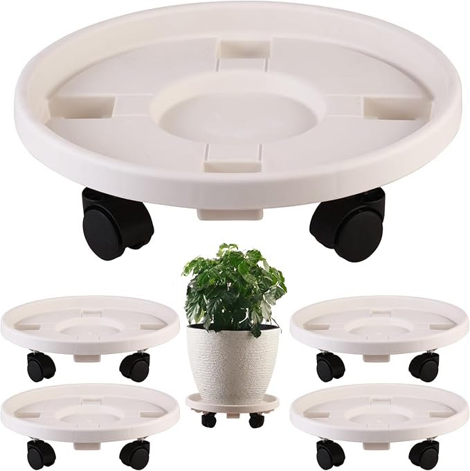 5 Pakcs Large Plant Caddy with Wheels 15.8" Rolling Plant Stands Heavy-duty Plastic Plant Roller Base Pot Movers Plant Saucer on Wheels Indoor Outdoor Plant Dolly with Caster Tray Coaster White