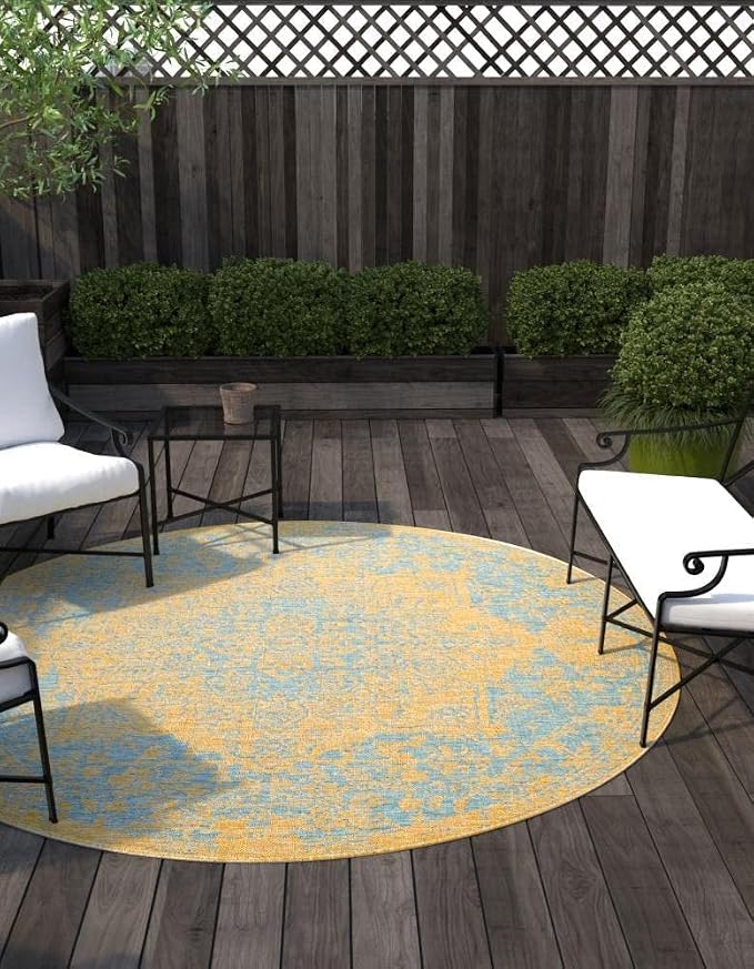 Unique Loom Jill Zarin Outdoor Collection Area Rug - Dubai (6' 7'' Round, Yellow and Aqua/ Light Blue)