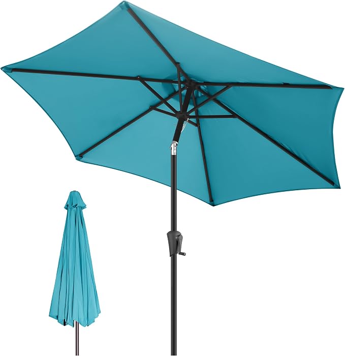 FLAME&SHADE 10ft Patio Umbrella - Outdoor Umbrella with 6 Sturdy Ribs, Push Button Tilt and Crank, UV Protection Table Market Umbrella for Pool, Porch, Garden, Deck, Backyard (Aqua Blue)
