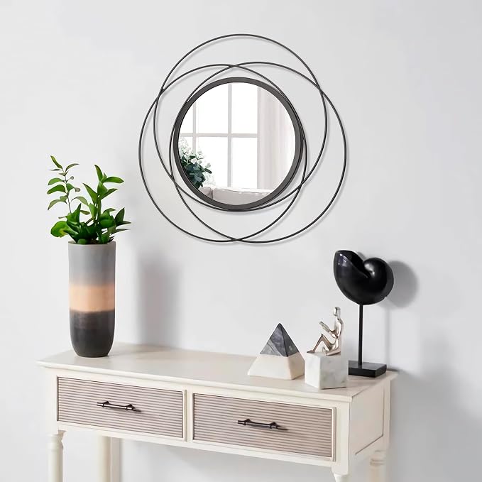 Mirrors Wall Decor Iron Frame Round Art Wall Mirrors Home Decoration Hanging Mirrors for Living Room Bedroom Bathroom Entryway Black 16"