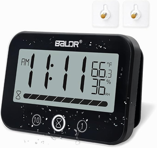 Waterproof Hanging Bathroom Wall Clock with Timer, Large Digital Shower Mirror Suction Clock Thermometer Hygrometer, Visual Kitchen Cooking Countdown Timer, Bath Temperature Humidity Meter (Black)