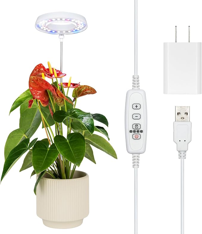 Grow Light for Indoor Plants, Full Spectrum 48LEDs Small Grow Light, Plant Light Super Bright with 4/8/12/18H Auto Timer, Dimmable, Adjustable Height 7"-17", Halo Φ3.5, Power Cord 78", Plug Included