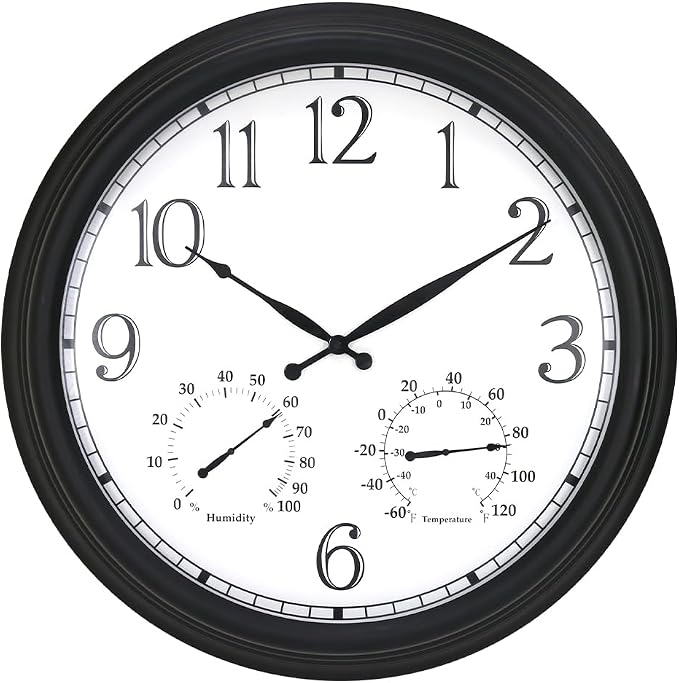 BESTIME MT-33-2 23-Inch Three-in-one Metal Wall Clock with Black Frame. Indoor,Outdoor,Thermometer,Hygrometer,Weather Resistant,Garden,Lanai.