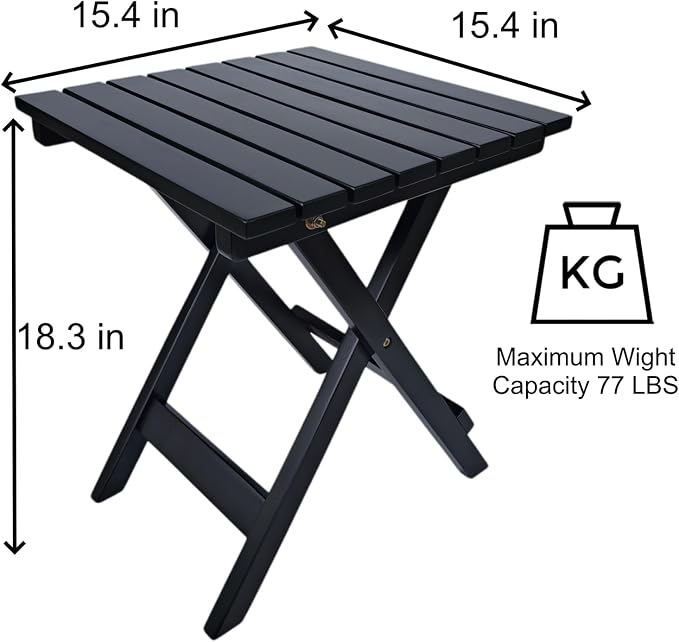 Outdoor Small Table Square Folding Wooden Patio Side Table Set of 2 Furniture Table for Adirondack Chair, Balcony, Porch, No Assembly Required, Black