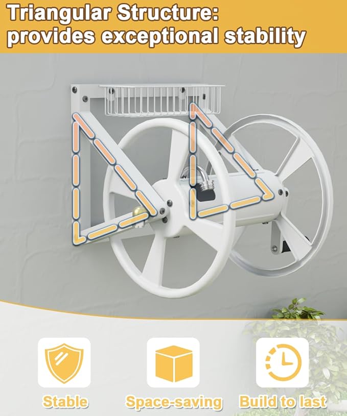 Artigarden Triangle Wall Mounted Garden Hose Reel, Outdoor Heavy-Duty Water Hoses Holder Winder, Holds 125 Ft of 5/8-Inch Hose, with 3.9 ft Leader Hose, Brass Fitting, Storage Basket for Yard, White