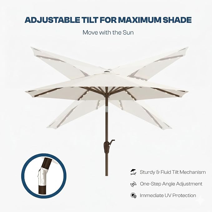 10FT Solar Patio Umbrella with Lights, Outdoor Table Market Umbrella with 32 LED Lights, 8 Sturdy Ribs, Push Button Tilt and Crank for Pool, Deck and Garden, UV-Resistant