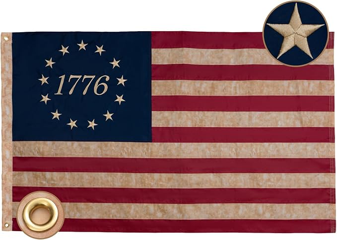 Bradford Vintage 1776 Flag 3x5 ft for Outside, Tea Stained 1776 American Betsy Ross Flag 250 Anniversary Aged Looking for 4th of July Old Bennington USA US 76 Flag with 2 Brass Grommets
