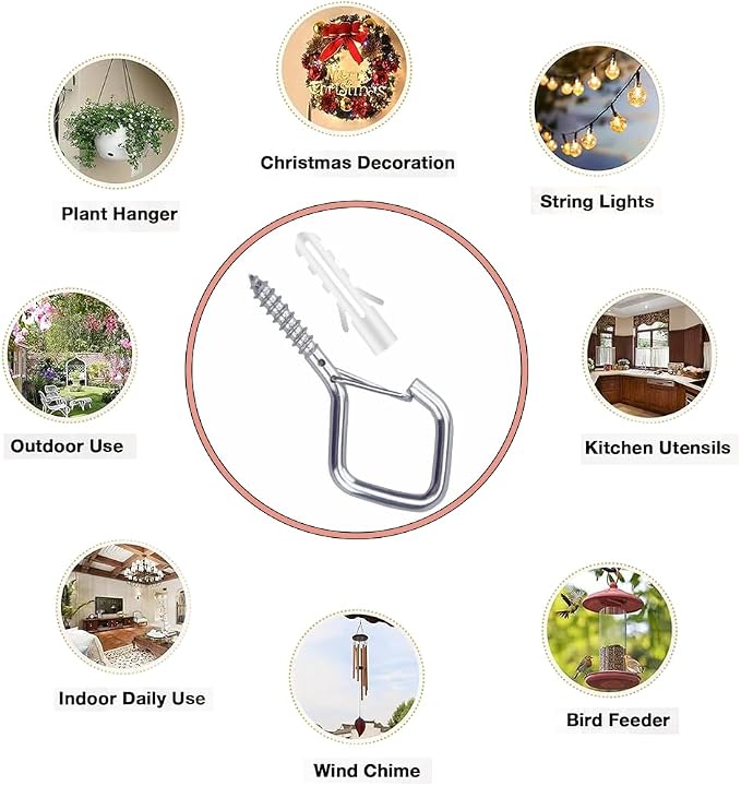 12-Pack Heavy-Duty Silver Screw Eye Hooks with Safety Clips | Metal Ceiling Hooks for Hanging Plants, Wind Chimes, Bird Feeders & Indoor/Outdoor Lights
