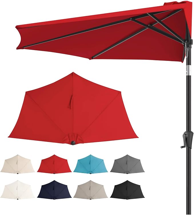 9FT Half Umbrellas Outdoor - Half Patio Umbrella with Tilt, UV Protection Waterprool, Half Round Umbrella for Wall Balcony, Pool, Porch, Garden, Deck, Backyard (Red)