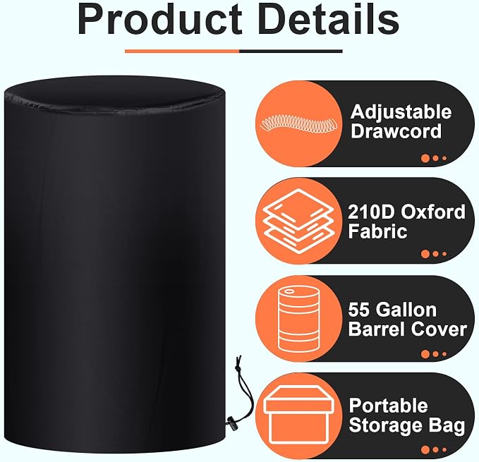 Amylove 55 Gallon Drum Cover, 210D Oxford Cloth Water Storage Barrel Cover, 25 x 37 Inch Outdoor Waterproof Rain Snow Bucket lid with Drawstring, UV Protection, Anti Dust(Black,3 Pcs)