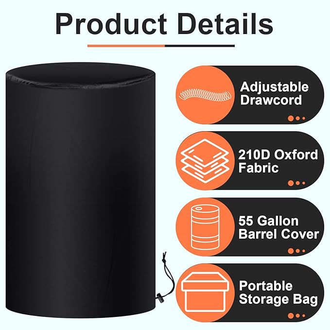 Amylove 55 Gallon Drum Cover, 210D Oxford Cloth Water Storage Barrel Cover, 25 x 37 Inch Outdoor Waterproof Rain Snow Bucket lid with Drawstring, UV Protection, Anti Dust(Black,4 Pcs)