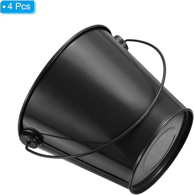 PATIKIL 4.7 Inch Colored Metal Buckets, 4 Pack Pencil Holder Buckets Round Metal Planter Pails Container with Handles for Classroom Crafts, Black