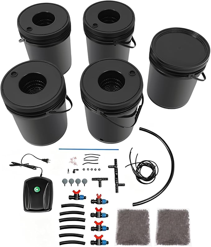 5 Bucket 5.28 Gallon Hydroponic Grow System Recirculating, Deep Water Culture Kit W/ 12-Watt Air Pump for Indoor/Outdoor Leafy Vegetables. (4 Planting Buckets+1 Reservoir Bucket)