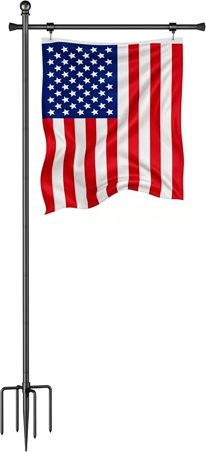 Koutemie 10 FT In Ground Flag Pole Holder for Outside House, Adjustable Flag Poles for 3x5 American Banner Outdoor with 5 Prongs Base, Heavy Duty Garden Flagpole Stand Kit for Yard Decor, 1 Pack