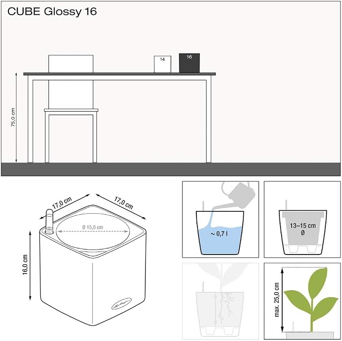 Lechuza Cube Glossy 16 Cream White High Gloss, Self-Watering Indoor Small Plant Pot, H6.3 L6.7 W6.7 in