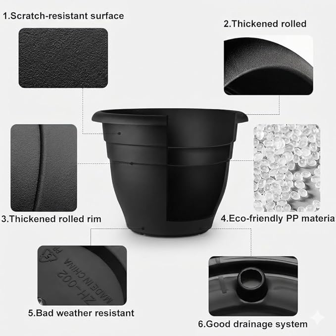 RooTrimmer 6 Pack 16 Inch Large Plant Pots Outdoor,Heavy Duty Plastic Planters with Drainage Holes,Lightweight Black Flower Pots for Indoor Outdoor Plants,Patio,Garden & Trees