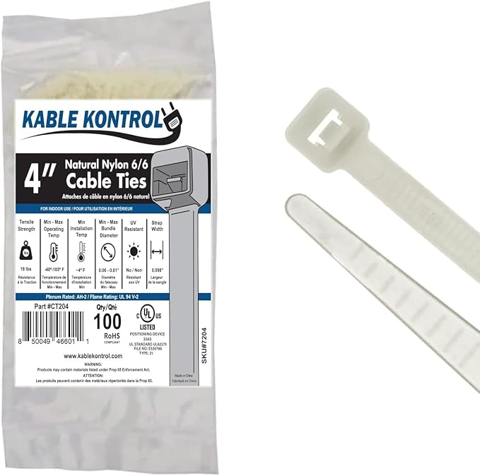 Kable Kontrol Cable Zip Ties Natural White 100 Pcs 4 Inch, 18 Lbs Tensile Strength, Self-locking Natural Nylon Clear Plastic Wire Ties wraps for Indoor or Outdoor Use