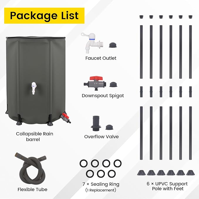 Doppy 53 Gallon Collapsible Rain Barrel, Portable PVC Rainwater Collection Barrel with Spigot & Overflow Kit, Rainwater Collection System for Gutter Rainwater