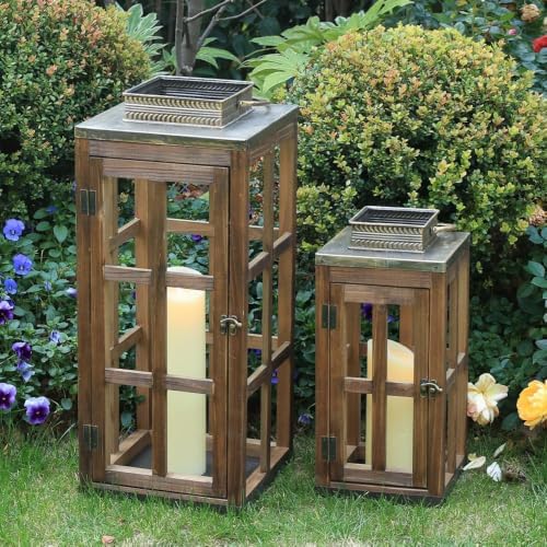 Large Farmhouse Wooden Metal Lantern Set of 2, 28''/20'' H Rustic Decorative Indoor & Outdoor Hanging Candle Lanterns, Wooden Outdoor Lanterns for Patio Front Porch Table, Dark Brown - Image 4