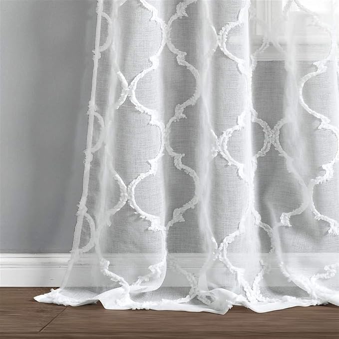 Lush Decor Avon Trellis Grommet Sheer Window Curtain Panels Pair 38" W x 84" L White - Sheer Curtains for Living Room - Modern Farmhouse Bedroom Curtains
