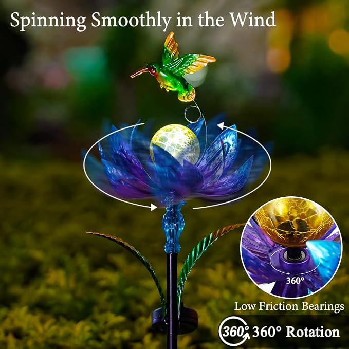 Solar Wind Spinners Outdoor, Solar Wind Spinner with LED Lights Ball, Garden Windmill for Yard, Garden, Patio, Lawn Decor (Blue)