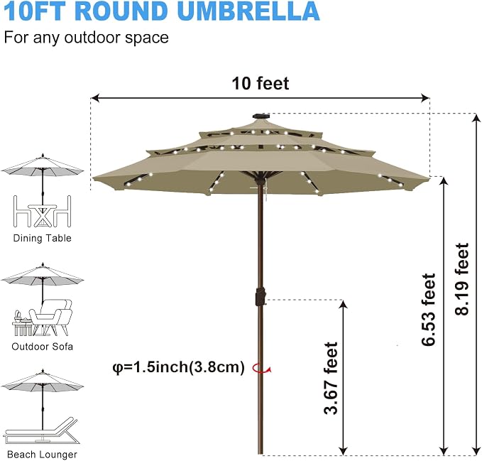 Eurmax USA 10-Year-Non-Fading 10FT 3-Tier Outdoor Patio Market Umbrella with LED Lights,UPF50+ UV Resistant,Commercial Grade,Crank Lift Design,Windproof Vented Top for Garden,Pool,Deck,Mushroom