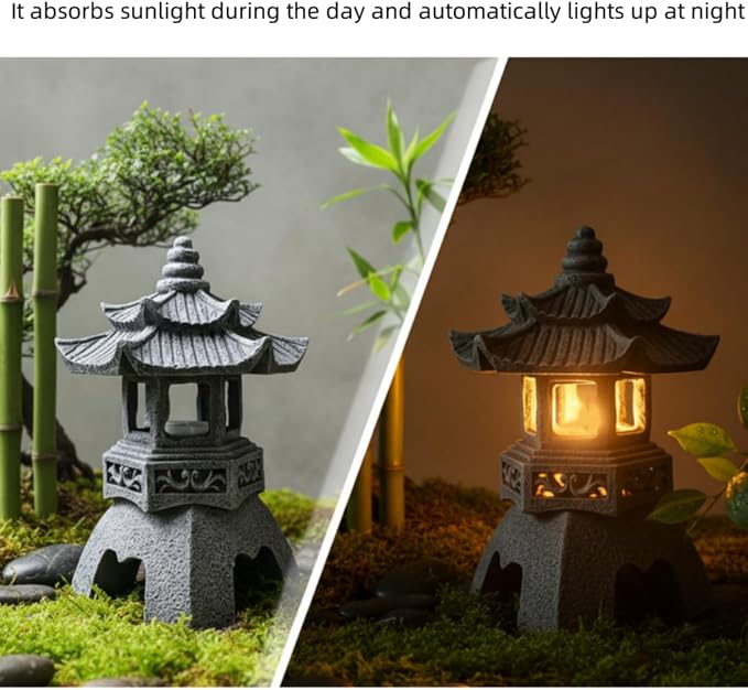 Solar Pagoda Lantern Garden Statue: Japanese Zen Lantern Garden Decor-LED Figurine Lamp Pagoda Statue Figurine for Home Table Outdoor Decor