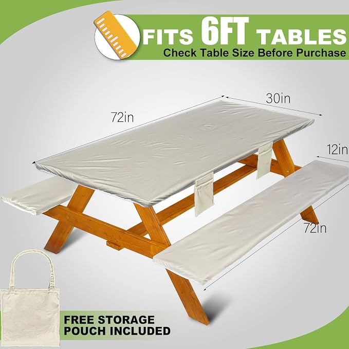 Wrakus Picnic Table Cover with Bench Covers Vinyl Elastic Edges Fitted Rectangle Seat Tables Waterproof 3-Piece72X30in Set Outdoor Rectangular Folding Backing Tablecloth for Camping Over Size