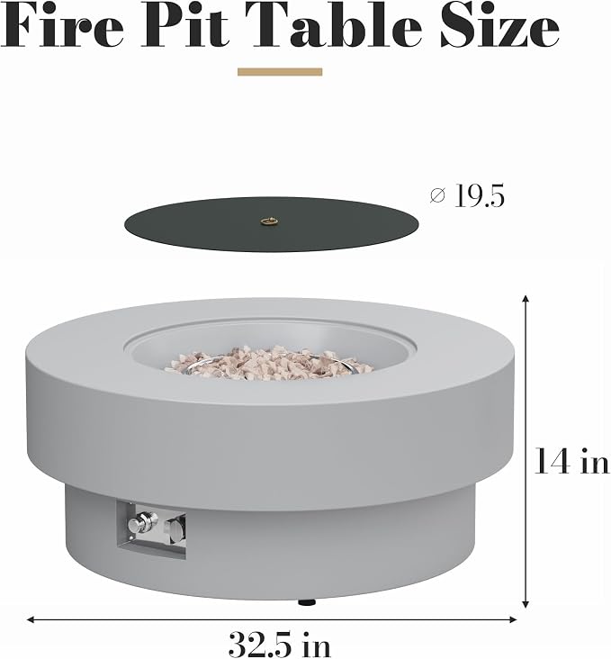 32.5 Inch Propane Fire Pit Table, 50,000 BTU Round Patio Fire Pit Table Outdoor, CSA Certified, Stainless Burner with Steel Lid, Waterproof Cover & Lava Rocks, for Garden Backyard, Gray