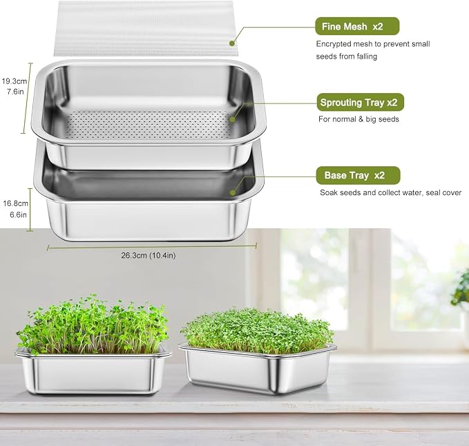 FANHAO 2-Pack Sprouting Tray Kit, Stainless Steel Soil-Free Cultivation Germination Tray, Healthy Wheatgrass Grower Sprouting Container Kit Nursery Tray for Indoors Plant Seedling