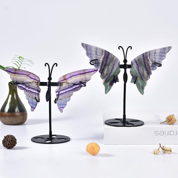 JIC Gem Rainbow Fluorite Crystal Butterfly Art Angel Wings Sculpture Carving,Green Healing Crystal Butterfly Ornaments Energy Decorative Stone Reiki Gifts (1pair, 10cm)