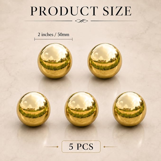 Gazing Ball Garden Mirror Outdoor - Outside Decorative Globe, Gold, 5Pcs | Metal Polished Reflective Sphere, Stainless Steel Hollow Decoration Ornament for Home Pond Swimming Pool Housewarming Gift