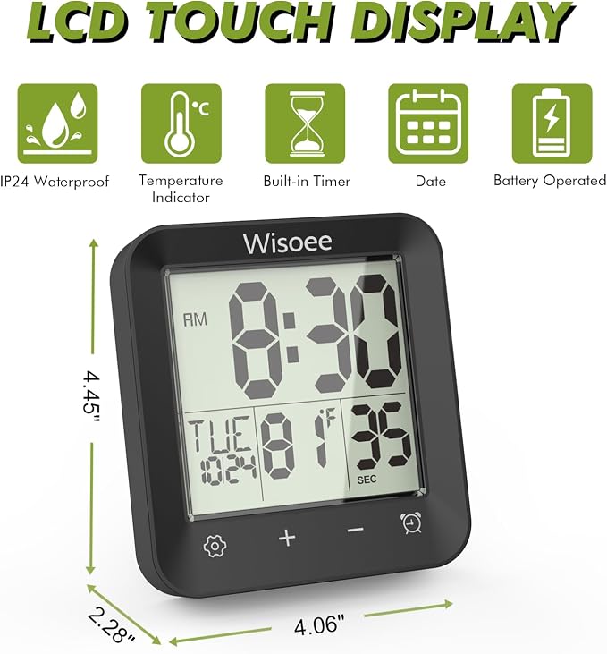 Waterproof Shower Clock Bathroom Timer, Digital Wall Clock | with Countdown, Temperature Display, Calendar, Suction Cup for Kitchen Spas, Cooking and Baths, Battery Operated