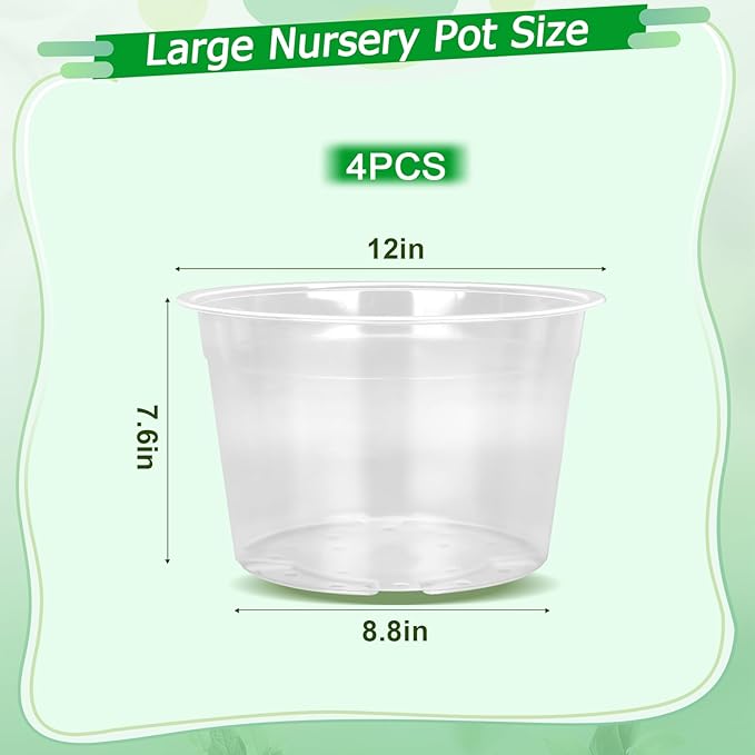 FUIJOL 12 Inch Large Clear Nursery Pots with Drainage, 4 Pack Clear Plastic Nursery Pots for Plants, Garden Seedling Starter Plant Pots for Succulents, Flower & Vegetable (12inch-4Pack)
