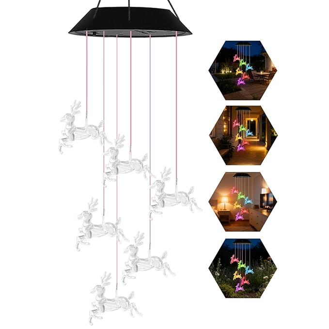 7-Color Light Changing Deer Solar Lights for Outside, Solar Lights Gifts for Father's Day, Solar Deer Wind Chimes Gifts for Women, Mom, Grandma, Garden Yard Lawn Outdoor Decor Mobiles