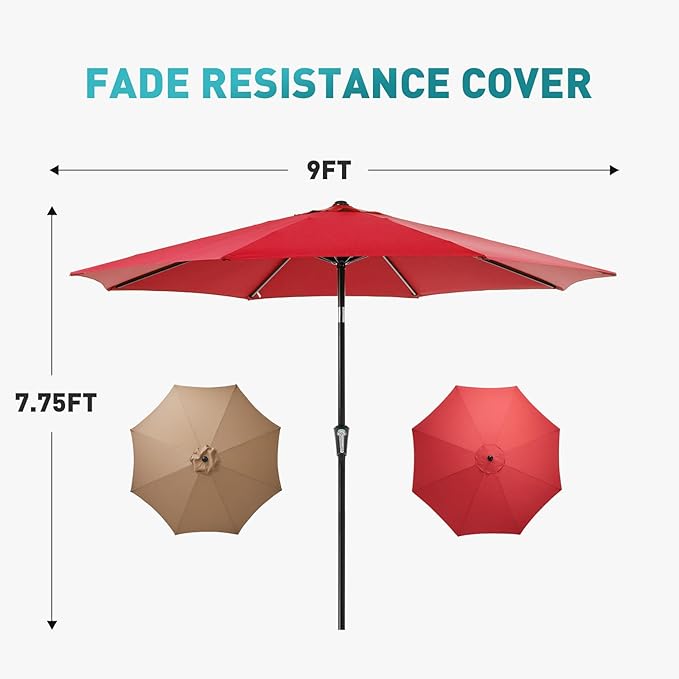 OLIXIS 9FT Outdoor Patio Umbrella, Patio Table Umbrella 9 Feet Sun Shade for Pool, Beach, Umbrellas with Tilt and Crank & Sturdy Ribs Waterproof for Outside Deck, Terrace and Restaurant