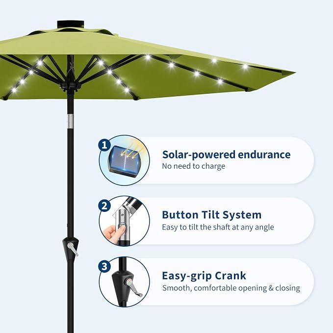 Garvee 10FT Solar Patio Umbrella with 32 LED Lights - Outdoor Table Umbrella with Crank Lift, Push Button Tilt and 8 Sturdy Ribs - Market Umbrella UV Protection for Pool, Deck, Yard, Garden