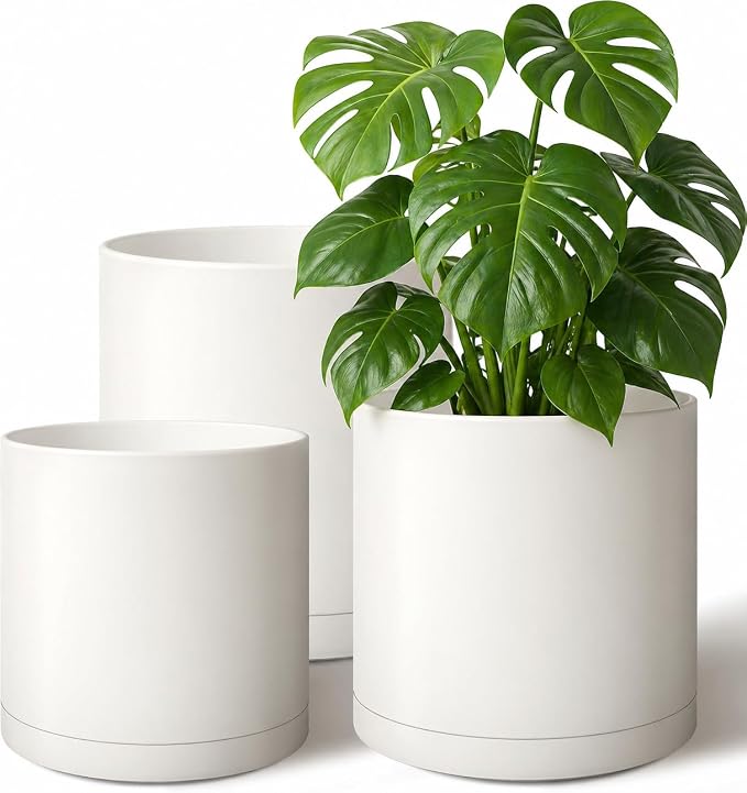 Giraffe Creation Cylinder Plant Pots 12/10/8 Inch Set of 3, Modern Round Planters with Drainage Holes and Saucers, Durable Plastic Flower Pots, White