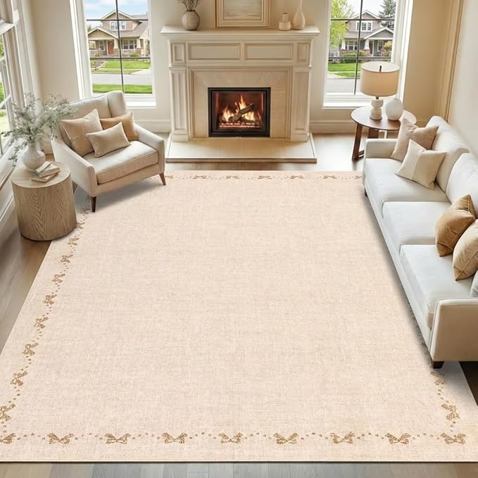 COZYLOOM 9x12 Area Rugs for Living Room Modern Bow Border Rug with Non Slip Backing, Non Shedding Low Pile Washable Rug Stain Resistant Foldable Mats for Dining Room, Bedroom, Office, Beige