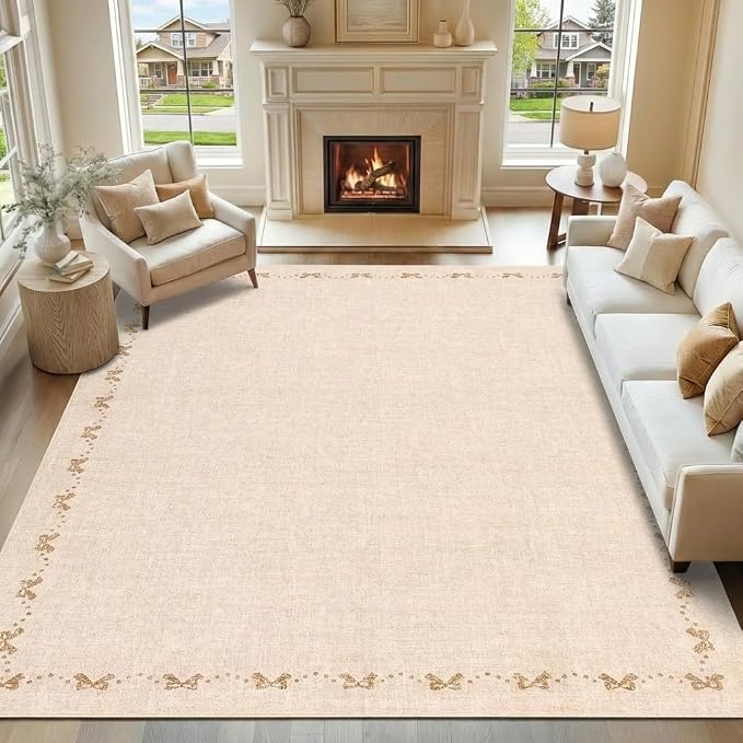 COZYLOOM 8x10 Area Rugs for Living Room Modern Bow Border Rug with Non Slip Backing, Non Shedding Low Pile Washable Rug Stain Resistant Foldable Mats for Dining Room, Bedroom, Office, Beige